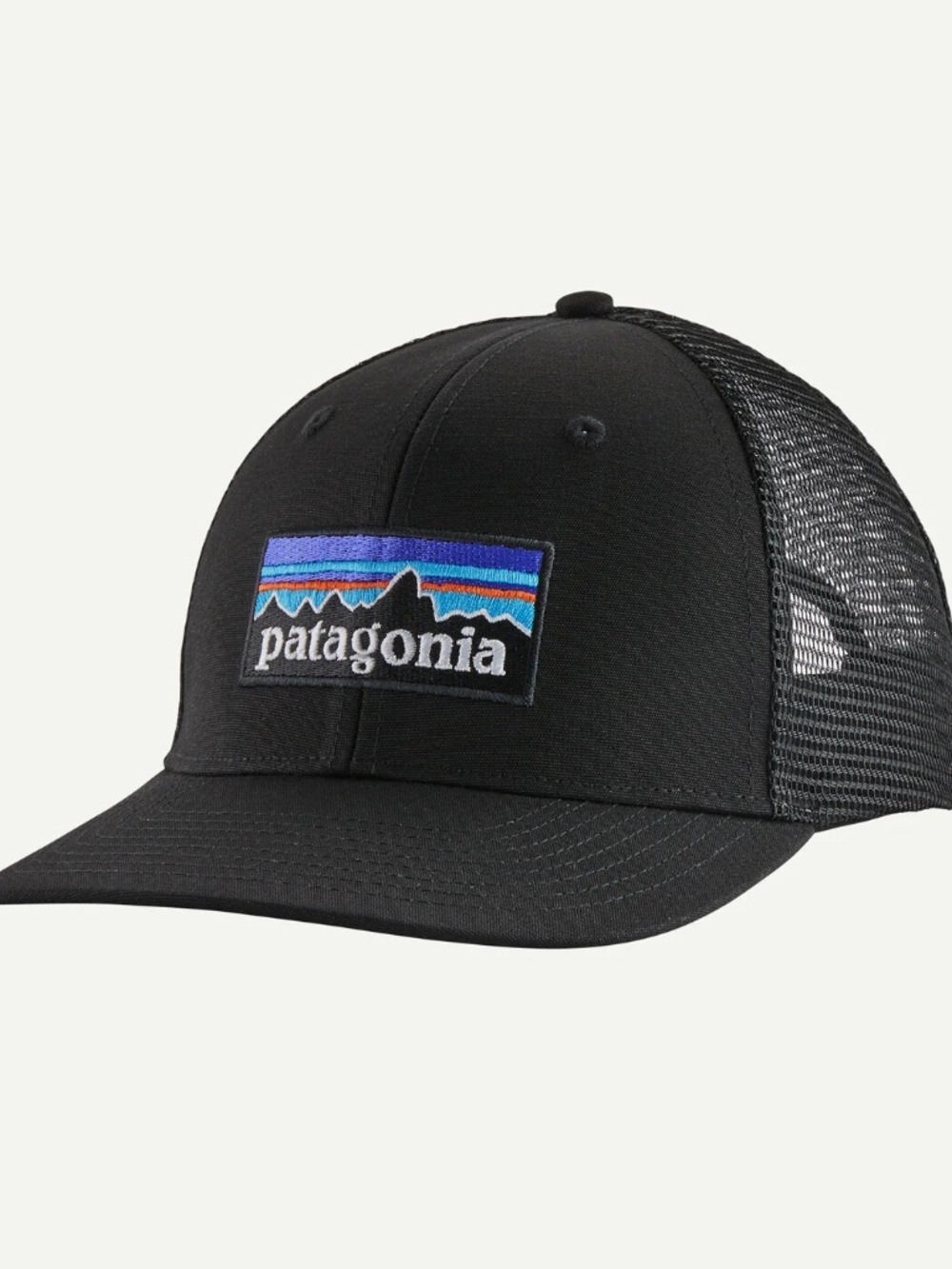Patagonia Black Trucker Hat with Purple & Blue Logo
